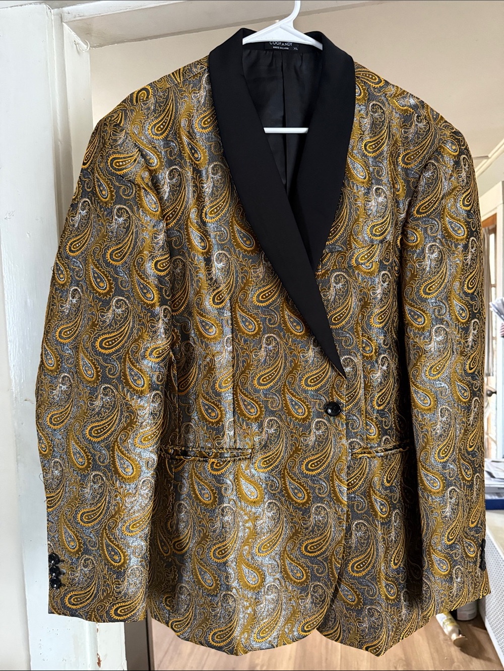 Mens Gold Paisley Shawl Lapel Blazer - Black Trim
